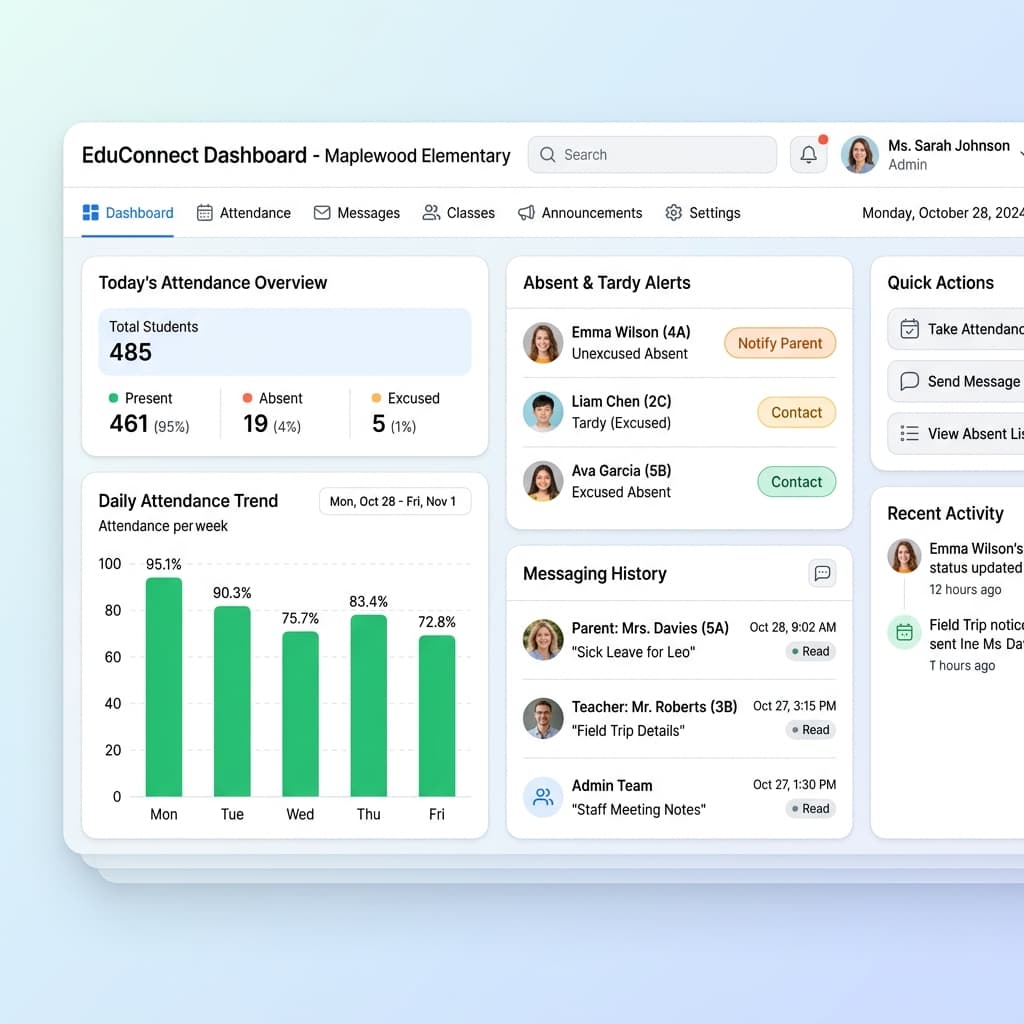 Attendance & Communication dashboard mockup