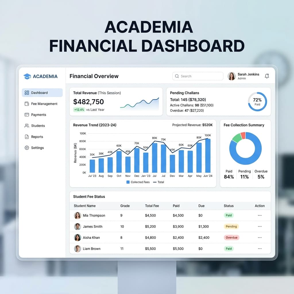 Fee & Financial Management dashboard mockup