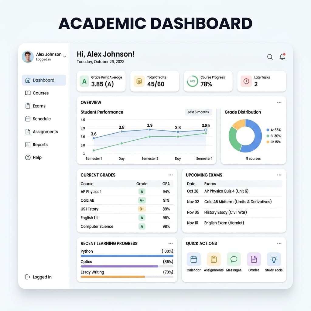 Learning, Exams & Academics dashboard mockup