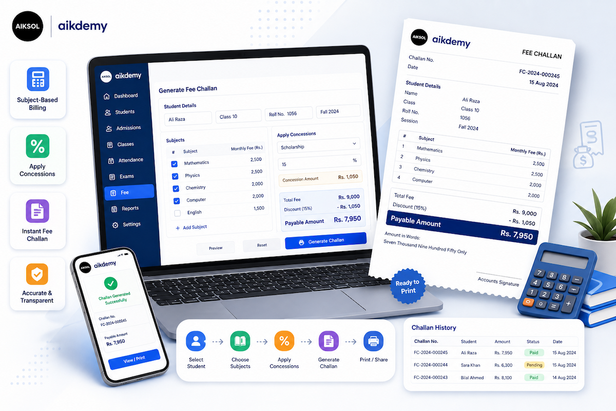 Generation of a multi-subject fee challan with custom billing in academy software.