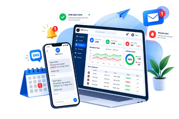 Cloud based school management system Pakistan showing daily attendance and absent SMS alert.