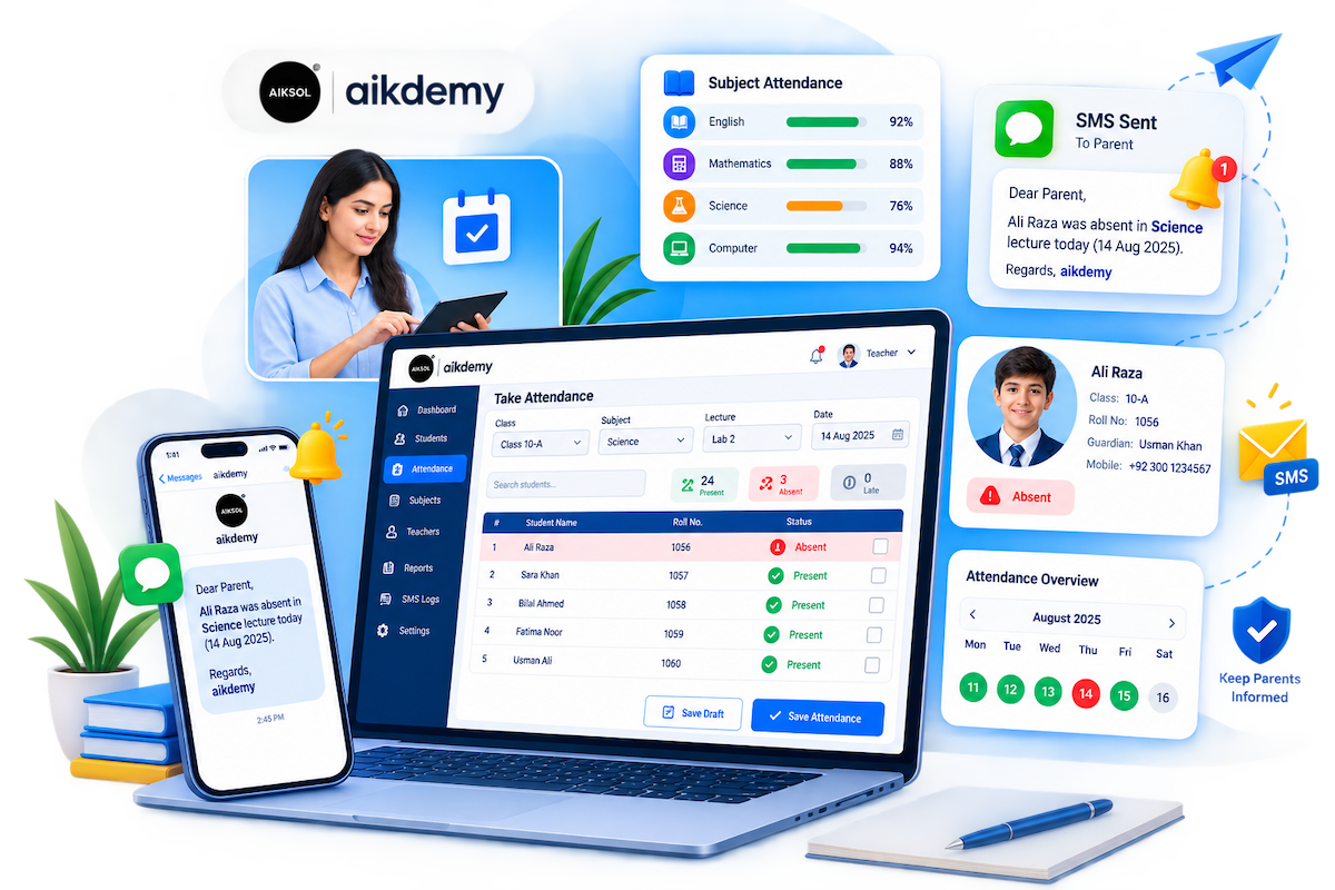 Subject-wise college attendance tracking and automated absent SMS notifications.